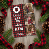 Rustic Buffalo Plaid Come Let Us Adore Him Photo Feestdagenkaart