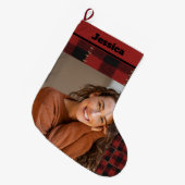 Rustic Buffalo Plaid Custom Name and Photo  Grote Kerstsok (Voorkant (Hangend))