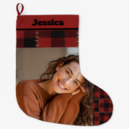 Rustic Buffalo Plaid Custom Name and Photo  Grote Kerstsok
