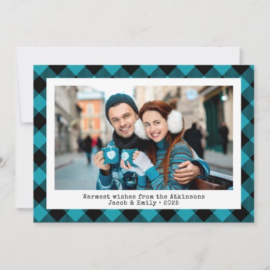 Rustic Buffalo Plaid Custom Photo Turquoise Black Feestdagenkaart (Voorkant)