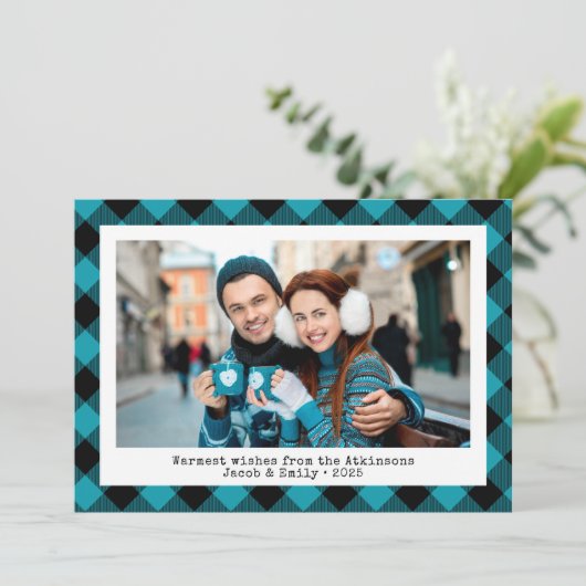 Rustic Buffalo Plaid Custom Photo Turquoise Black Feestdagenkaart (Staand voorkant)