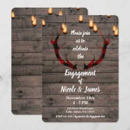 Rustic Buffalo Plaid Deer Antlers Engagement Party Kaart