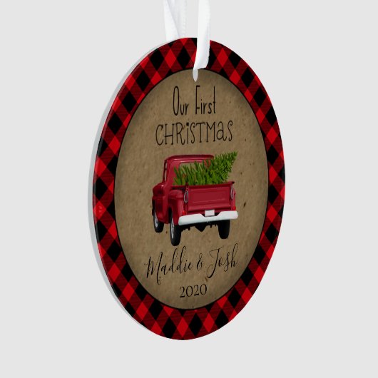 Rustic Buffalo Plaid eerste kerst Truck Ornament (voorkant)