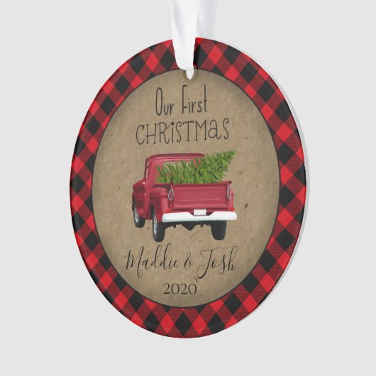 Rustic Buffalo Plaid eerste kerst Truck Ornament (voorkant)