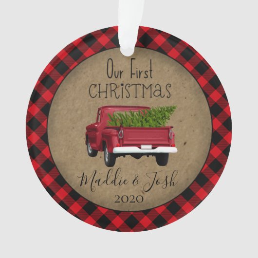 Rustic Buffalo Plaid eerste kerst  Truck Ornament (voorkant)