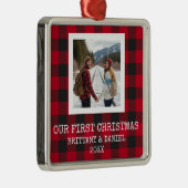 Rustic Buffalo Plaid First Christmas Metalen Ornament (Rechts)
