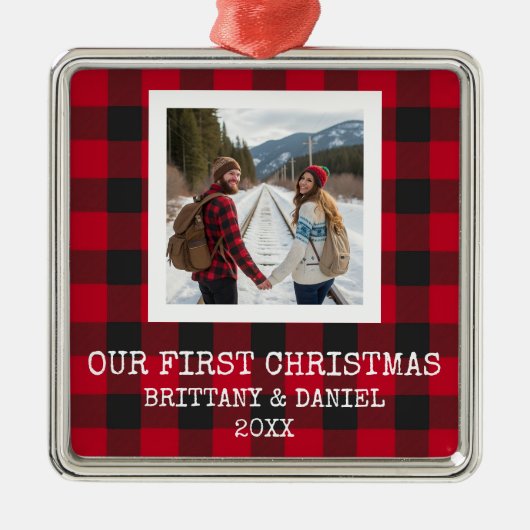 Rustic Buffalo Plaid First Christmas Metalen Ornament (Voorkant)