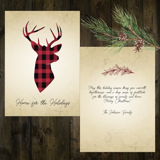 Rustic Buffalo Plaid Hert Feestdagenkaart