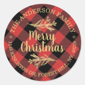 Rustic Buffalo Plaid Holiday Return Address Ronde Sticker (Voorkant)