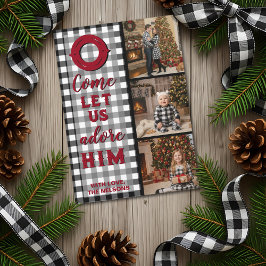 Rustic Buffalo Plaid Kom, laat ons Hem aanbidden F Feestdagenkaart