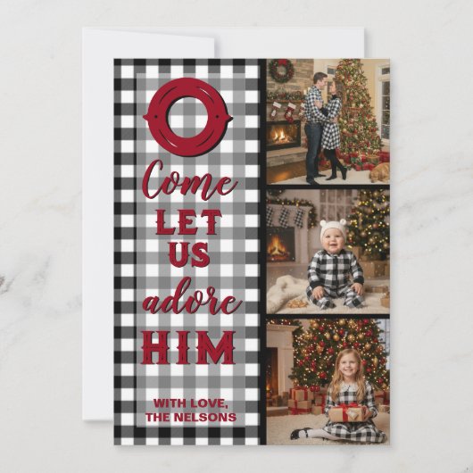 Rustic Buffalo Plaid Kom, laat ons Hem aanbidden f Feestdagenkaart (Voorkant)