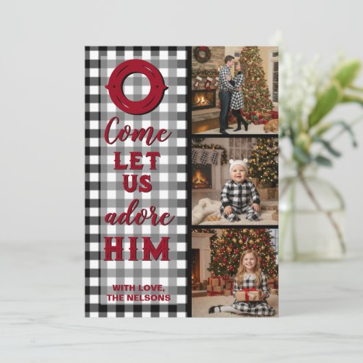 Rustic Buffalo Plaid Kom, laat ons Hem aanbidden f Feestdagenkaart (Staand voorkant)