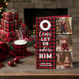 Rustic Buffalo Plaid Komt, Laat Ons Hem Aanbidden  Feestdagen Kaart