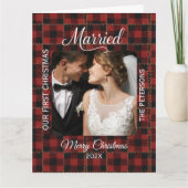 Rustic Buffalo Plaid Married First Christmas Kaart (Voorkant)
