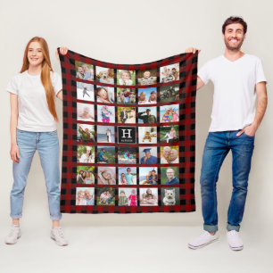 Rustic Buffalo Plaid Monogram Fotocollage Rood Fleece Deken