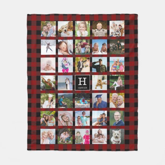 Rustic Buffalo Plaid Monogram Fotocollage Rood Fleece Deken (Voorkant)