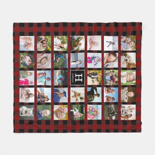 Rustic Buffalo Plaid Monogram Fotocollage Rood Fleece Deken (Voorkant (Horizontaal))