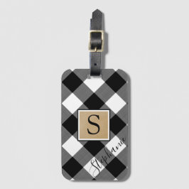 Rustic Buffalo Plaid Monogram Naam Zwart Wit Bagagelabel