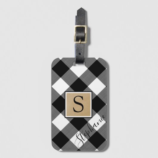 Rustic Buffalo Plaid Monogram Naam Zwart Wit Bagagelabel (Voorkant (verticaal))