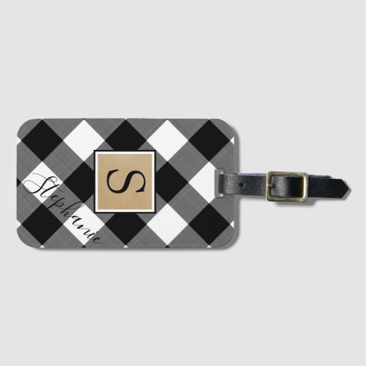 Rustic Buffalo Plaid Monogram Naam Zwart Wit Bagagelabel (Voorkant (horizontaal))