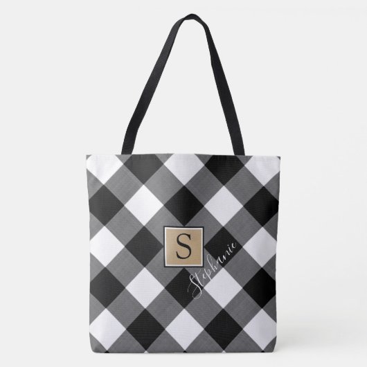 Rustic Buffalo Plaid Monogram Zwart-Wit Tote Bag (Voorkant)