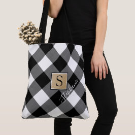 Rustic Buffalo Plaid Monogram Zwart-Wit Tote Bag