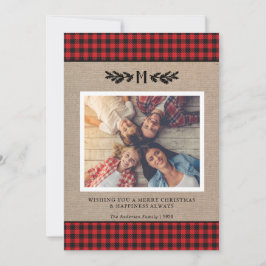 Rustic Buffalo Plaid Monogrammed Photo Christmas  Feestdagenkaart