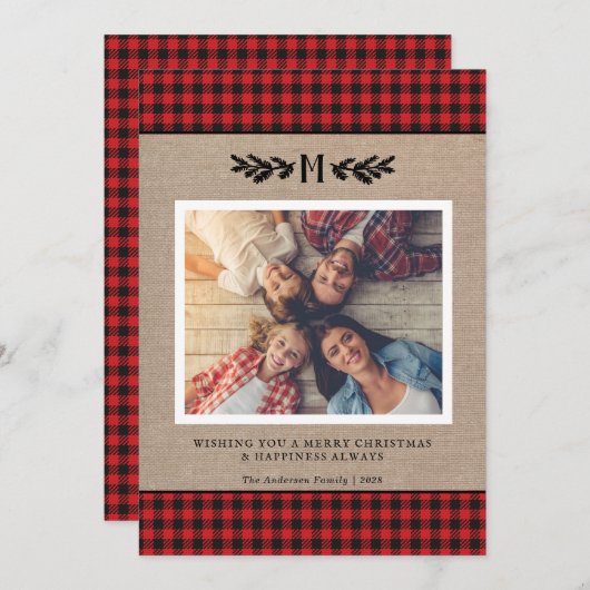 Rustic Buffalo Plaid Monogrammed Photo Christmas  Feestdagenkaart (Voorkant / Achterkant)