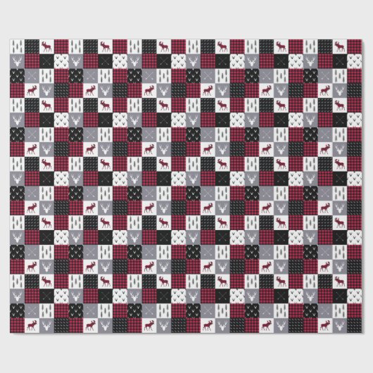 Rustic Buffalo Plaid Patchwork Rood Wit Kerstmis Cadeaupapier (Vlak)