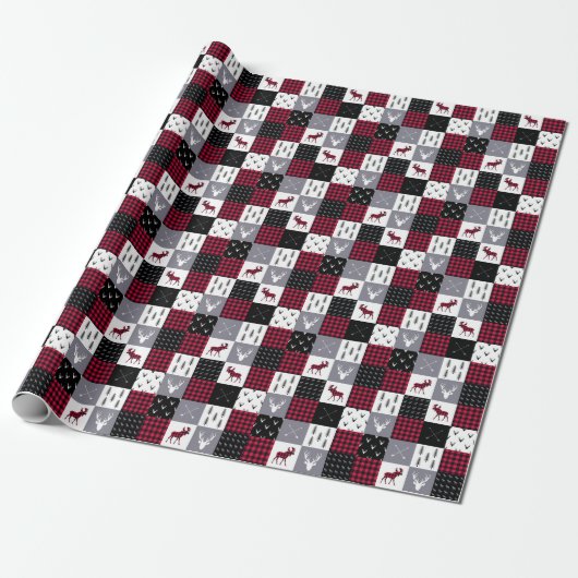 Rustic Buffalo Plaid Patchwork Rood Wit Kerstmis Cadeaupapier (Uitgerold)