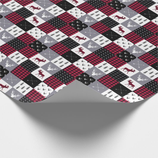 Rustic Buffalo Plaid Patchwork Rood Wit Kerstmis Cadeaupapier (Hoek)