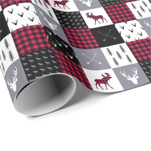 Rustic Buffalo Plaid Patchwork Rood Wit Kerstmis Cadeaupapier (Rol Hoek)