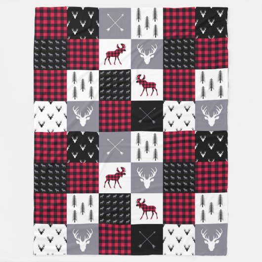 Rustic Buffalo Plaid Patchwork Rood Wit Kerstmis Fleece Deken (Voorkant)