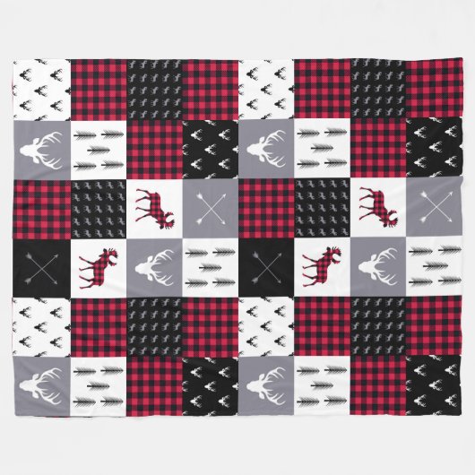 Rustic Buffalo Plaid Patchwork Rood Wit Kerstmis Fleece Deken (Voorkant (Horizontaal))