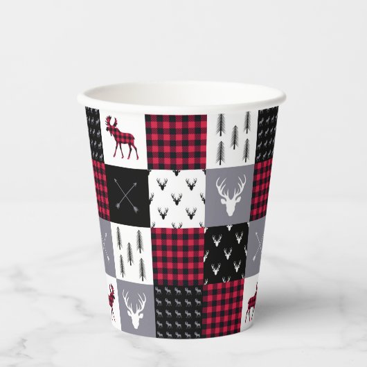 Rustic Buffalo Plaid Patchwork Rood Wit Kerstmis Papieren Bekers (Voorkant)