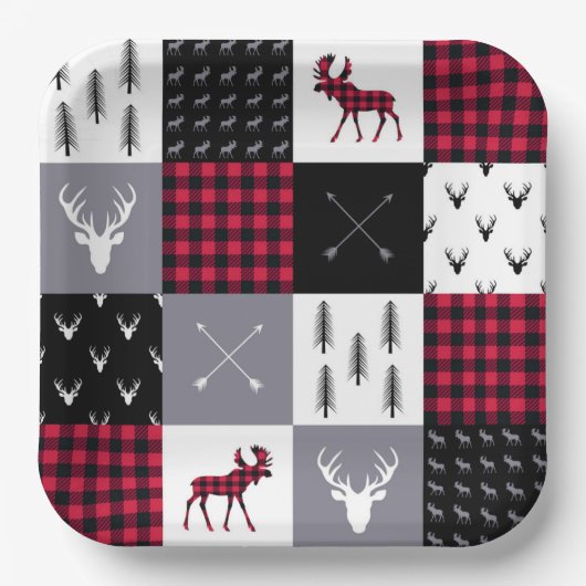 Rustic Buffalo Plaid Patchwork Rood Wit Kerstmis Papieren Bordje (Voorkant)