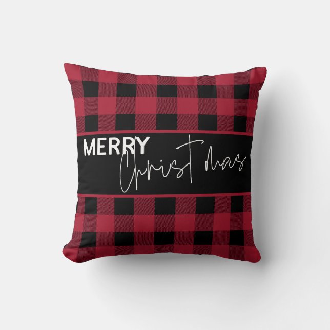 Rustic Buffalo Plaid Prettig Kerstfeest Modern Sch Kussen (Voorkant)