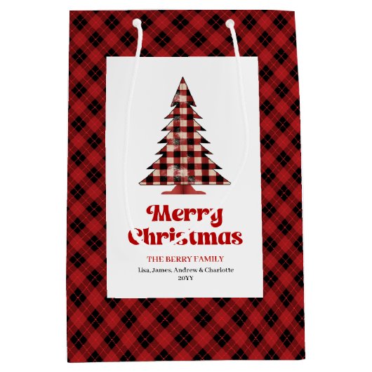 Rustic buffalo plaid tree gift bag personalized medium cadeauzakje (Voorkant)