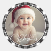 Rustic Buffalo Plaid Vrolijke Kerstfoto Ronde Sticker (Voorkant)