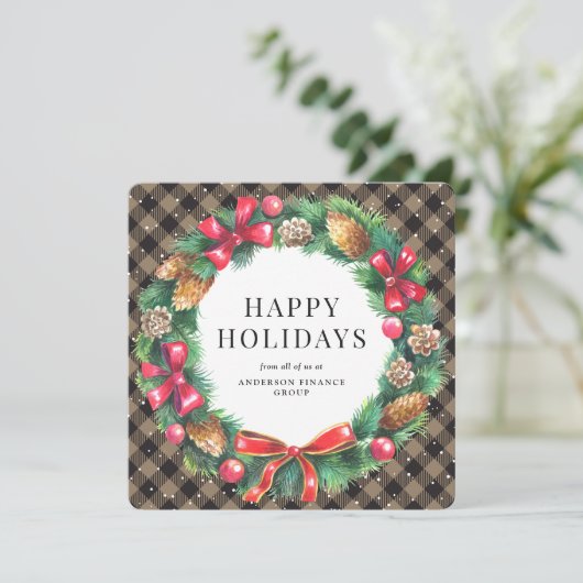 Rustic Buffalo Plaid Wreath Corporate Business Feestdagenkaart (Staand voorkant)