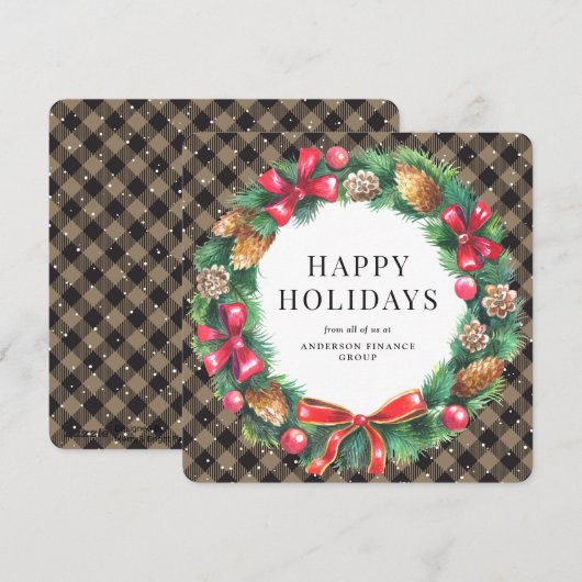 Rustic Buffalo Plaid Wreath Corporate Business Feestdagenkaart (Voorkant / Achterkant)