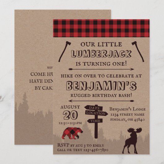 Rustic Buffalo Pset Lumberjack Birthday Thema Kaart (Voorkant / Achterkant)