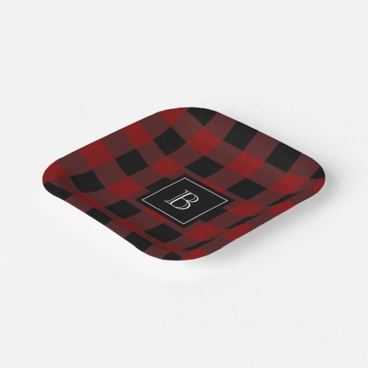 Rustic Buffalo Pset Modern Monogrammed Red Black Papieren Bordje (Gebogen)