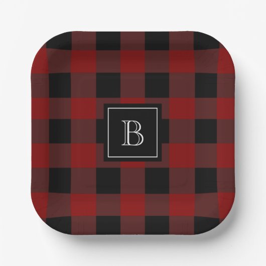 Rustic Buffalo Pset Modern Monogrammed Red Black Papieren Bordje (Voorkant)