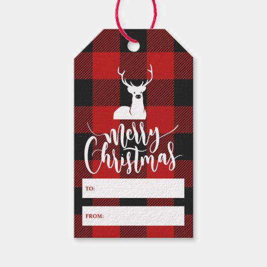 Rustic Buffalo Pset Script Merry Kerstmis Cadeaulabel (Voorkant)