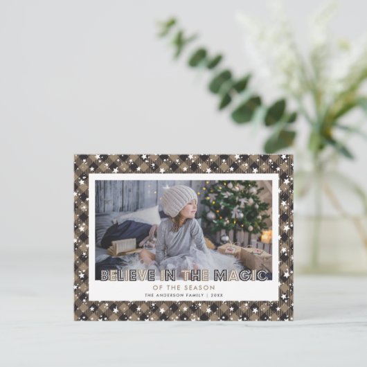 Rustic Buffalo Pset Snow Stars Believe Photo Feestdagenkaart (Staand voorkant)