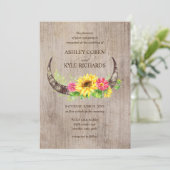 Rustic Bull Horns and Flowers Wedding Invitation Kaart (Staand voorkant)