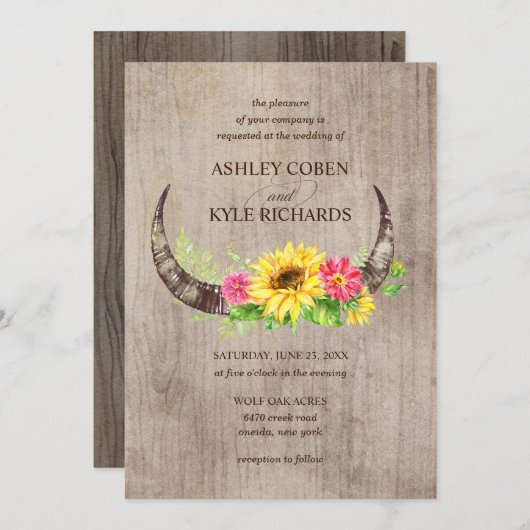 Rustic Bull Horns and Flowers Wedding Invitation Kaart (Voorkant / Achterkant)