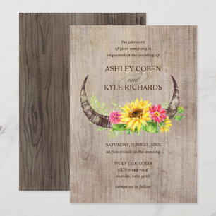 Rustic Bull Horns and Flowers Wedding Invitation Kaart