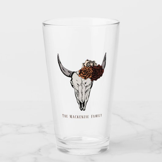 Rustic Bull Skull en Rozen achternaam Glas (Voorkant)